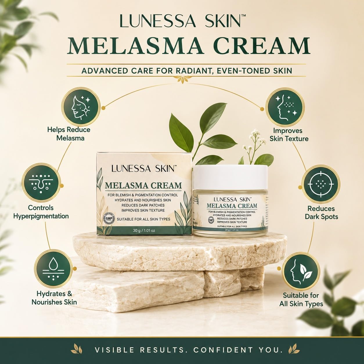 Melasma Cream for Face Dark Spot & Hyperpigmentation Cream Blemish & Pigmentation Control Hydrates & Nourishes Skin Improves Skin Texture 30g